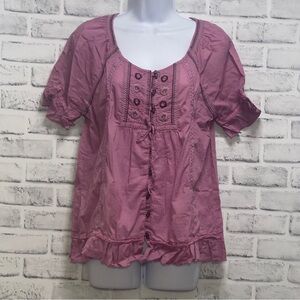 Vintage America Jeans Barrel Button Embroidered Ruffled Hem Blouse Small